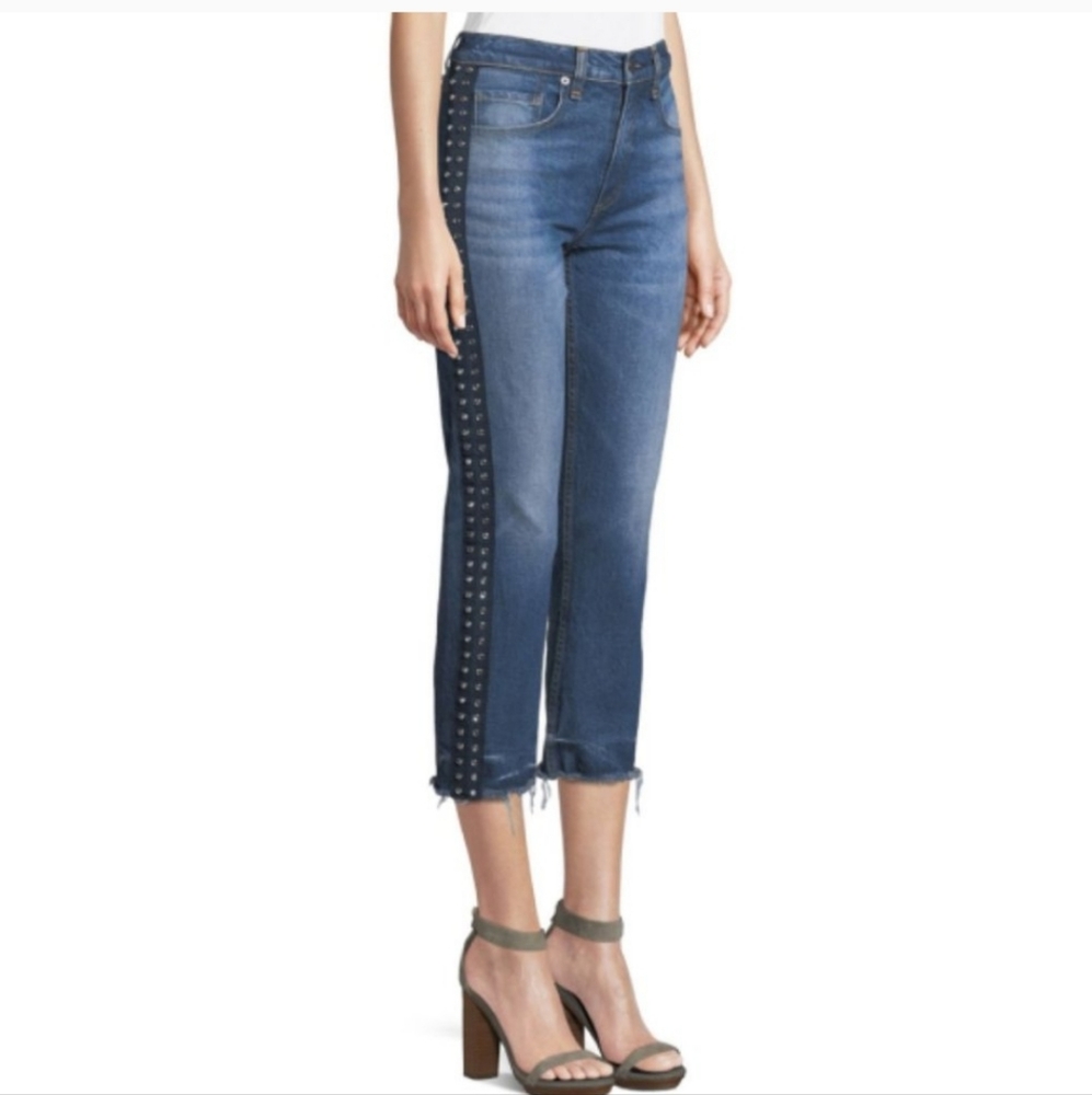 Veronica Beard "Ines" Rhinestones Girlfriend Side Crop Jeans Size 25 - Picture 2 of 16